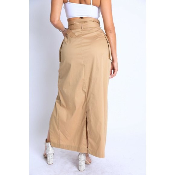 Women Asymmetric Self Belted Pockets Detailed Maxi Skirt Formal Casual Khaki - Picture 7 of 10